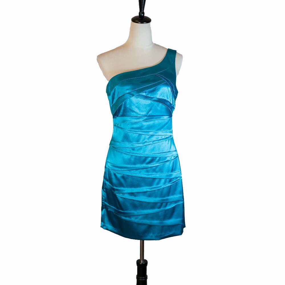 BCX Dress One Shoulder Tiered Satin Mini Dress Cocktail Stretch Teal Size 7